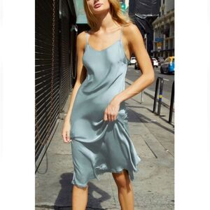 NATION LTD Sofia Bias Cut Slip Dress Fringe Hem Satin Olive Green Size S